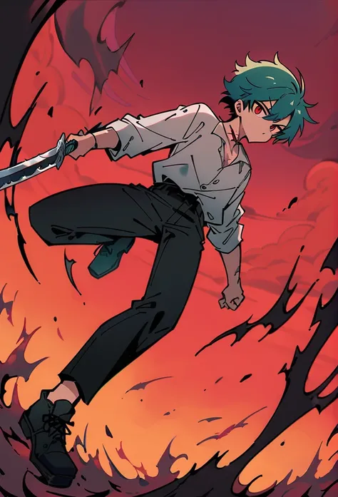 Male Teenager ,solo, white button down shirt, black undershirt, black jean pants, black shoes, teal hair, scar neck , red eyes, sninster look, masterpiece, best quality, hell, red sky, holding sword