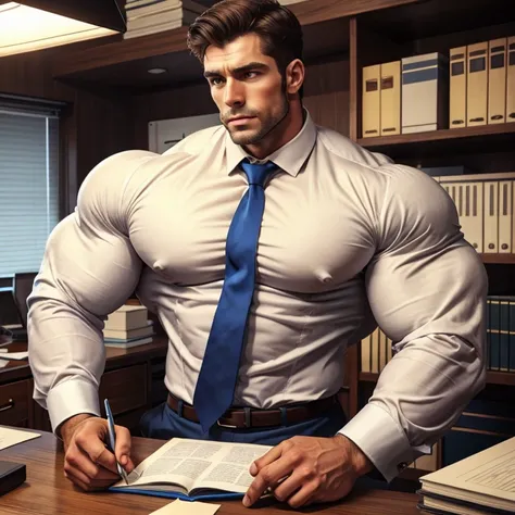 A very handsome man, white shirt with buttons blue tie, muscular, very muscular, in a wooden office