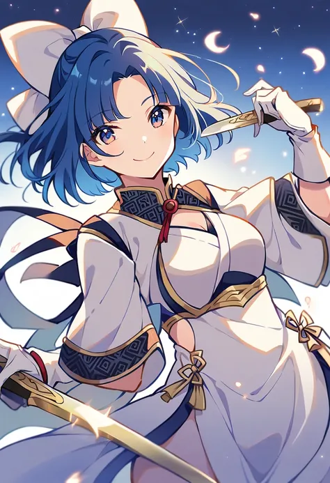 1girl, Solo, white outfit, kunoichi oufit, blue hair, Hair Bow, white gloves, holding knifes, smile, 