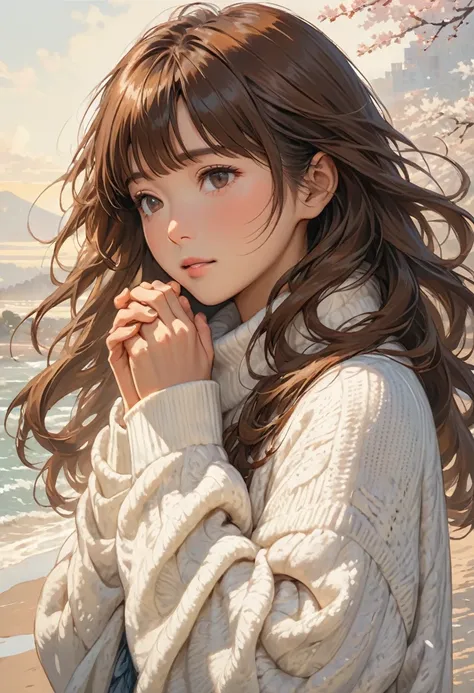 (masterpiece, Best Quality, Super detailed, Best Shadow) ,Close-up portrait of a Japanese woman with soft, long brown hair and bangs blown to the side by the wind. She’s wearing an oversized, fluffy white sweater, her hands covered by the long sleeves, fin...