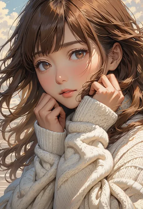 (masterpiece, Best Quality, Super detailed, Best Shadow) ,Close-up portrait of a Japanese woman with soft, long brown hair and bangs blown to the side by the wind. She’s wearing an oversized, fluffy white sweater, her hands covered by the long sleeves, fin...