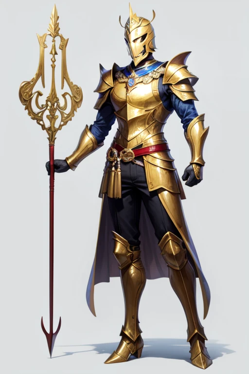 Young man of twenty years old , right hand holding a long golden metal trident , golden metallic helmet , golden metal armor , full body , HEAD ON 