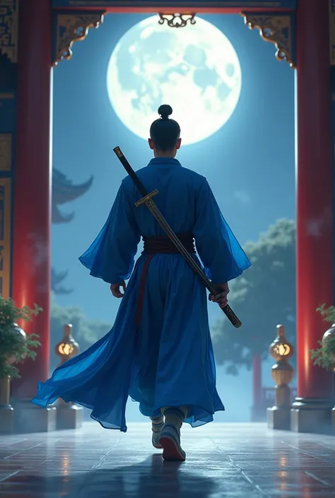 (Masterpiece:1.2), (Best Quality:1.2), (high resolution:1.2) in the style of Wind and Cloud 风云 by Mayongcheng; 1980s Chinese manhua; break, a handsome Chinese male swordsman wearing blue robes is striding through an ancient Chinese palace; his hands (nice ...