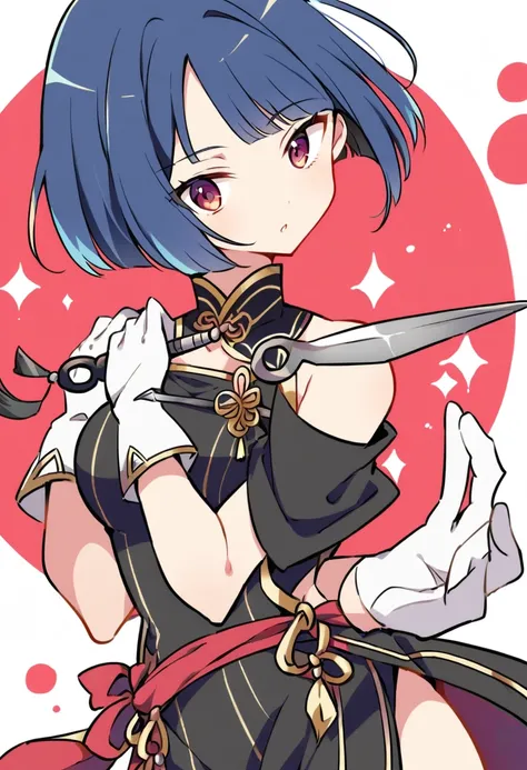 1girl, Solo, kunoichi oufit, blue hair, white gloves, holding kunai knifes,  Short Hair, 