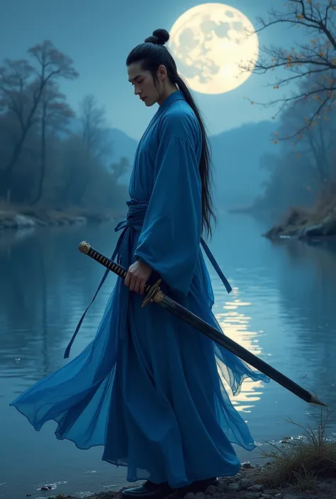 (Masterpiece:1.2), (Best Quality:1.2), (high resolution:1.2) in the style of Wind and Cloud 风云 by Mayongcheng; 1980s Chinese manhua; break, a handsome Chinese male swordsman wearing blue robes is standing by a river; his hands (nice hands: 1.2) is holding ...