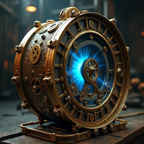 A steampunk drum, highly detailed, intricate gears and mechanisms, brass and copper tones, industrial aesthetic, glowing blue energy core, dramatic lighting, cinematic composition, photorealistic, masterpiece