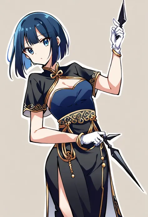 1girl, Solo, kunoichi oufit, blue hair, white gloves, holding kunai knifes,  Short Hair, blue qipao, black silk pants