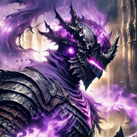 Best Quality, masterpiece, Ultra-high resolution, (Photo Real:1.4), Dark Souls Boss,White Dragon Knight、Purple aura、Purple Smoke