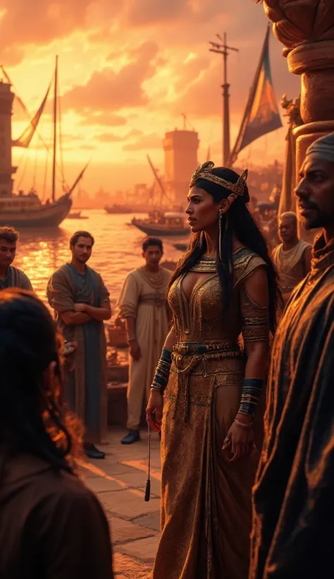 cinematic film still of photorealism:1 long time ago in ancient egypt, a depiction of hatshepsut at an egyptian port, receiving ...