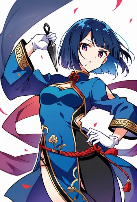 1girl, Solo, kunoichi oufit, blue hair, white gloves, holding kunai knifes,  Short Hair, blue qipao, black silk pants, chinese outfit, fighter clothes,  long loose sleeves , 