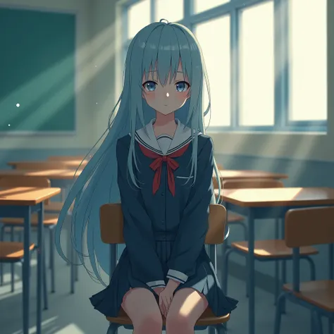 1 girl, long light blue hair, dark blue, sit in class, black school modern uniform, ((film grain, hips, light particles ,dust, Extreme camera angle))