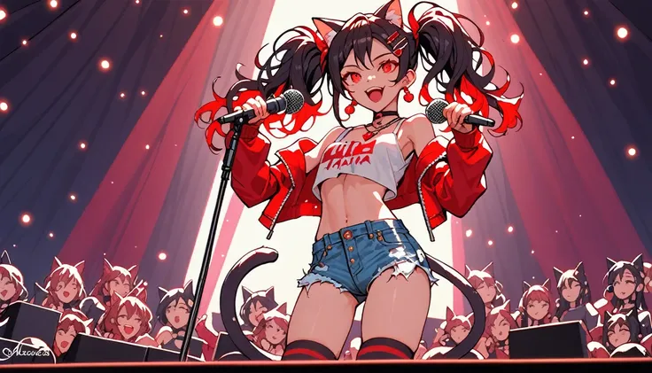 human, female, solo, cat ears, cat tail:1.3, singing, microphone, ((on stage)), standing over audience, audience, black hair, red hair-tips, twin tails, teenager, red eyes, clear eyes, slit pupils, earrings, hair clip, necklace, crop top, denim pants, hotp...