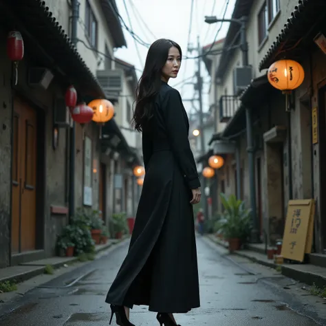 a photorealistic image of a young east asian woman standing in a narrow urban alley, framed from the waist up. she has long, dar...