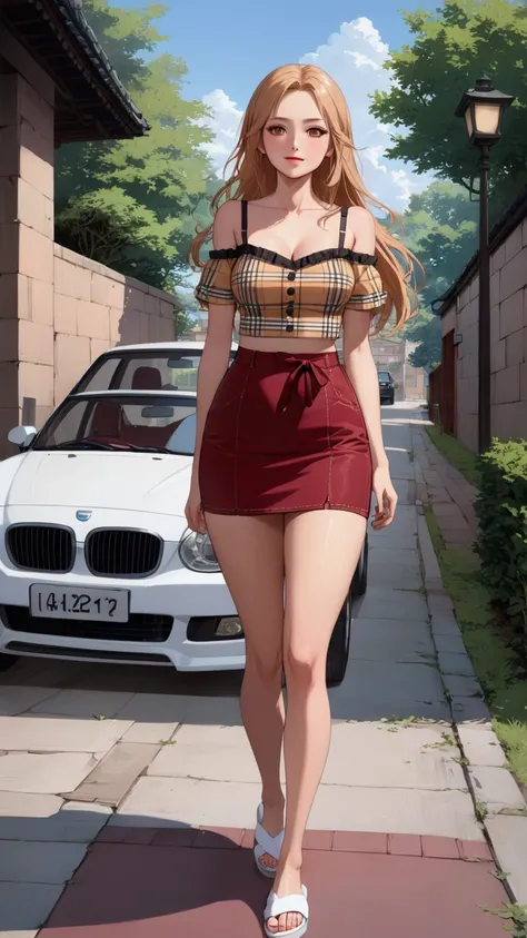 pretty woman is walking along road at evening, car running behind her, car on background, she is black long hair (+forehead, blonde streaked hair), wearing yellowish-pink plaid short puff sleeves v-neck off-shoulder, camisole straps, reddish-brown denim pe...