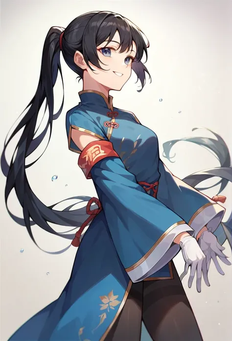 1girl, teenager, Solo, black hair, smile, white gloves, holding kunai knifes, Ponytail, blue coat,chinese clothes,black pantyhose,arm band, long loose sleeves, 