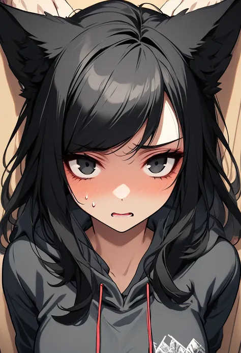 solo, female, close up, academy, young, hoody, long hair, black hair, fluffy hair, swept bangs, black eyes, fox ears, fox tail, short, large breasts, nervous, casual clothes, pov, kabedon, sweatdrop, 