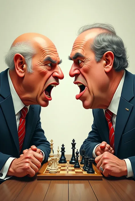 caricature of 2 men wearing neat clothes, jackets and ties, playing political chess, with expressions of anger and annoyance