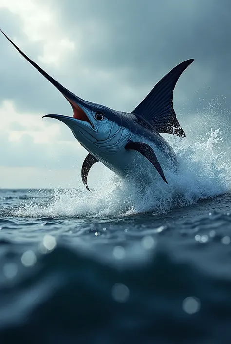 Sailfish coming out of the sea, with a cloudy background and the sea below 