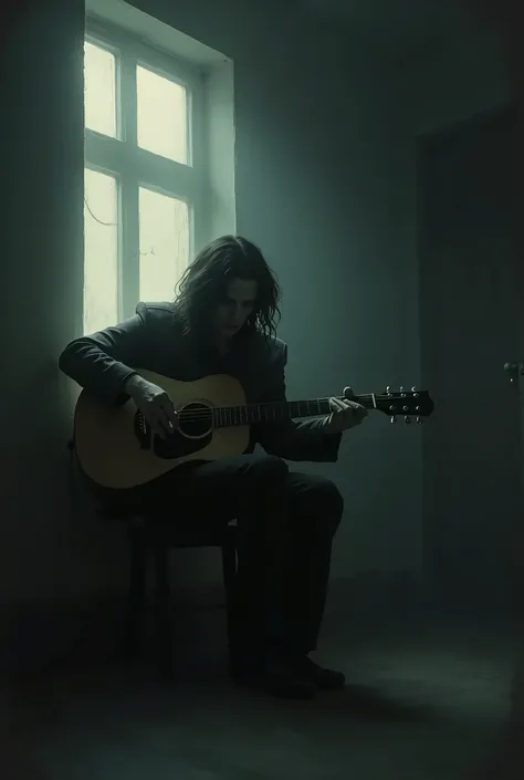 sad musician, playing guitar sitting down, lonely in a room.
The light comes through a window and creates shadows that create a gloomy atmosphere. The image must have a horizontal general plan of the room., with