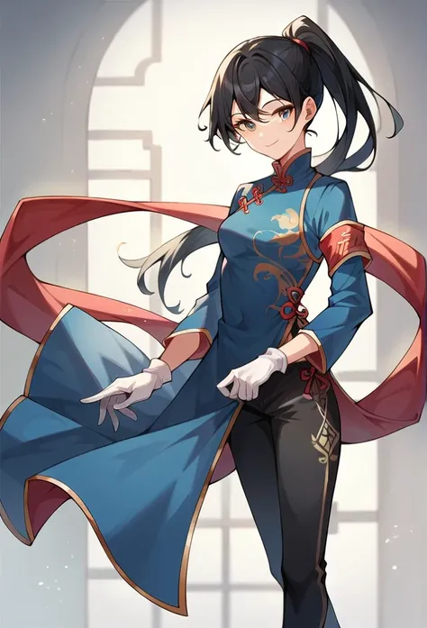 1girl, teenager, Solo, black hair, smile, white gloves, holding kunai knifes, Ponytail, blue coat,chinese clothes,black pants ,arm band, long loose sleeves, 