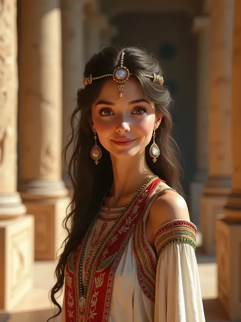 Beautiful Minoan princess in Minnoan dress, background is Knossoss palace, hight  detail face, cinematic style