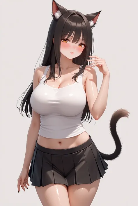 Woman, big breast, cat ears, furry cat tail, white tank top, black short line skirt