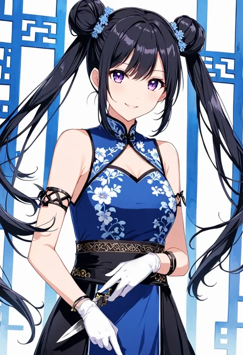 1girl, teenager, Solo, black hair, smile, double buns, twintails , violet eyes, holding kunai knifes, black pants ,arm band, blue china dress, clothing cutout, sleeveless, armlet, white gloves,