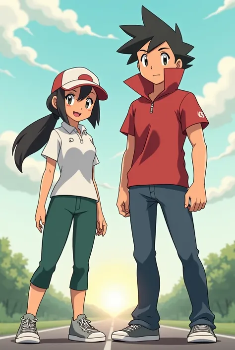 Anime Male Pokemon Trainer wearing a Massive Popped Collar Polo with a collar so high its taller than his head standing with a Female Pokemon Trainer wearing a polo shirt.