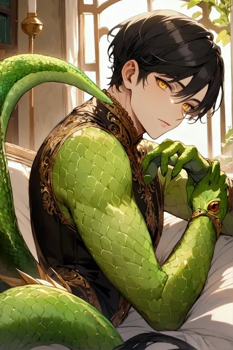 Man with green lizard skin, black hair, yellow eyes and a lizard tail