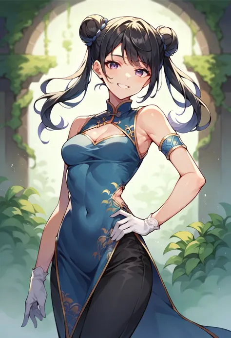 1girl, teenager, Solo, black hair, smile, double buns, twintails , violet eyes, holding kunai knifes, black pants ,arm band, blue china dress, clothing cutout, sleeveless, armlet, white gloves, standing