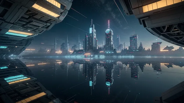 Create futuristic hyperealist works of art, Imagine a floating city in the sky, with complex architectural structures and advanced technology. Paint this futuristic city with a wealth of detail, capturing the bright lights, suspended platforms and flying v...