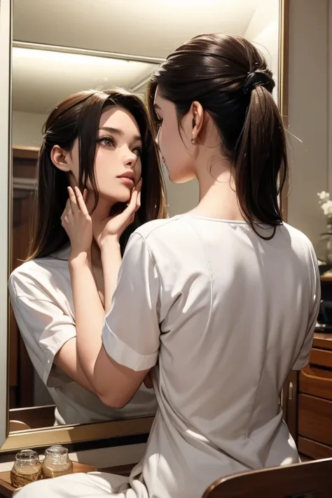 the most beautiful actress in the world, sitting in front of mirror,((making up face)), upper shot, back view, reflection in mirror,