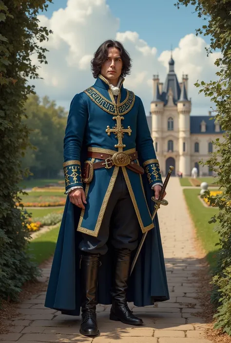 ((masterpiece)), ((detailed)), XVII century french royal musketeer, handsome dark haired young man wearing blue сasaque with golden greek cross, a rapier in hand, standing in the baroque park, Chambord-like castle in the background, Gabriel Byrne lookalike