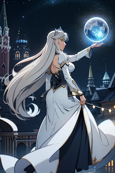 Russian、、Young、clear、Elegance、noble、Gray Hair、Silver Hair、Long Hair、Soft Hair、Blue Moon Night、city、noble、Light blue and black dress、Spreading Dresses、Anime Face、Big eyes、Bright Face、popular person、Magical girl、jump、The magic of light、magic circle、Large whi...