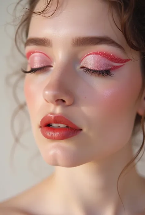 a face with closed eyes with pink and pastel red eyeliner in a wavy shape and some glitter with white shading and lips outlined in red and painted in skin color on the cheeks, a subtle pink