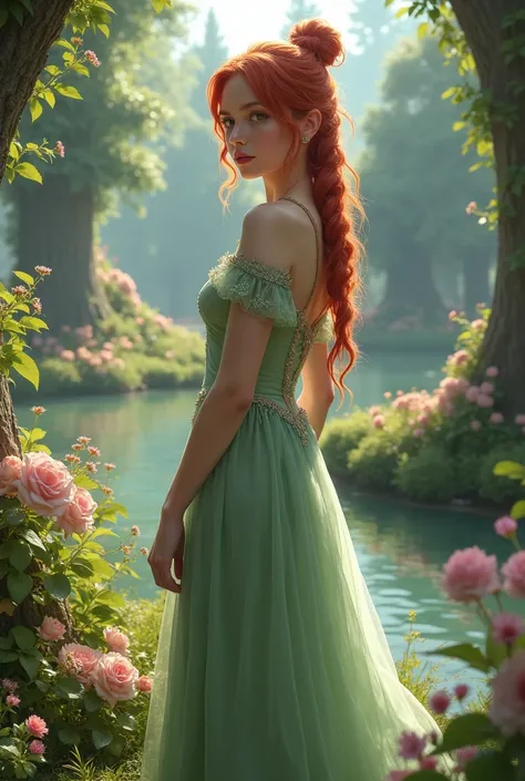 A female character based on the game version of Triss Merigold. She is in the fantasy royal gardens. She wears green light fantasy dress. Her hair is tied in a high, frayed bun and red. Full body image. Fantasy style. Ultra realistic digital photo.