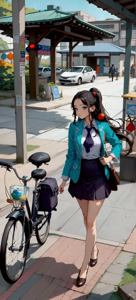 pretty young woman is walking to bus pavilion, bicycles on background, she is black long hair (+forehead, half up half down), wearing teal long sleeves blazer, white shirt with navy-blue tie, navy-blue pencil skirt, black heels, BREAK, ((masterpiece:1.2), ...