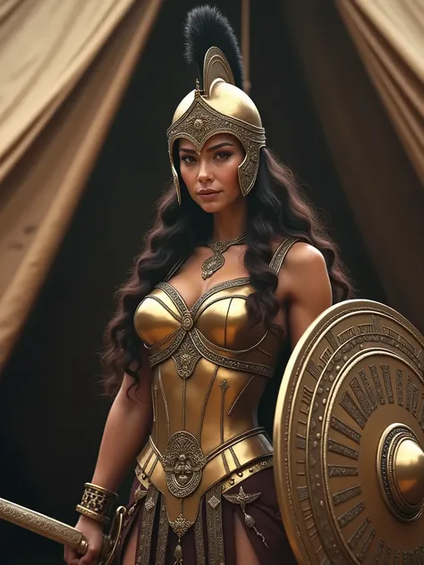 Beautiful Amazon woman, hoplita armor, hoplita helmet, swor, shield, background is acient tent, hight detail face, cinematic style