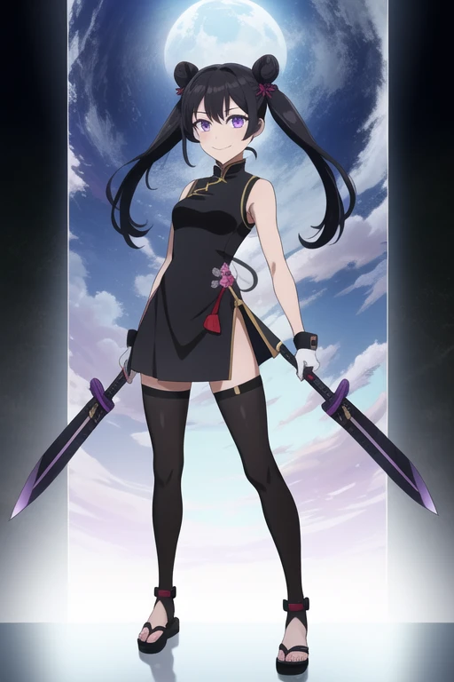 1girl, teenager, Solo, black hair, smile, double buns, twintails , violet eyes, holding kunai knifes, black pants ,black socks, china sandels, blue china dress, sleeveless, armlet, white gloves, standing, Masterpiece, Best Quality, 