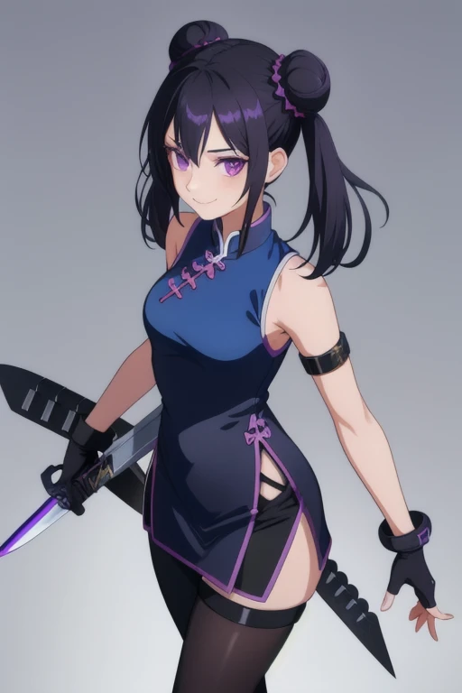 1girl, teenager, Solo, black hair, smile, double buns, twintails , violet eyes, holding kunai knifes, black pants ,black socks, china sandels, blue china dress, sleeveless, armlet, white gloves, standing, Masterpiece, Best Quality, 