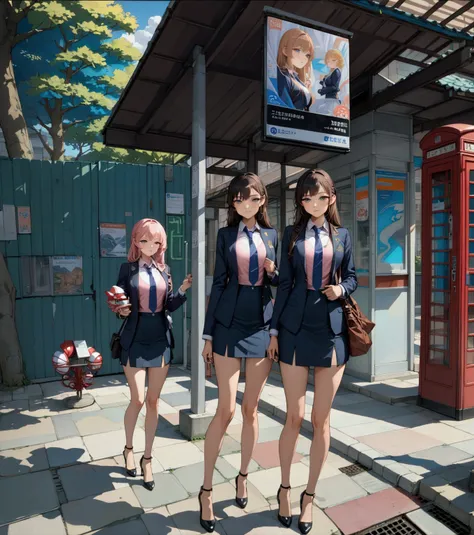 young women, business academy student, are waiting at bus stop under the tree, telephone box on background, they are wearing navy-blue long sleeves blazer, pink shirt with navy-blue tie, navy-blue pencil skirt, black heels, BREAK, ((masterpiece:1.2), (best...