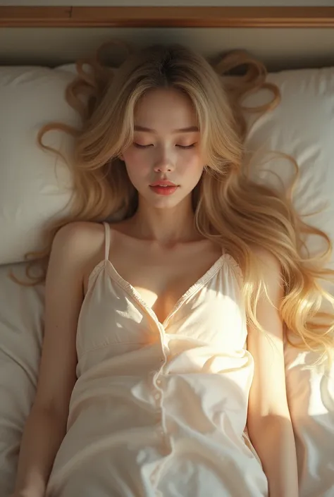 A light-eyed blonde Japanese woman in pajamas on a bed