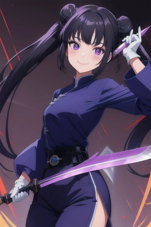 1girl, teenager, Solo, black hair, smile, double buns, twintails , violet eyes, holding kunai knifes, long loose sleeves, blue china outfit, black pants ,white gloves, standing, Masterpiece, Best Quality, 