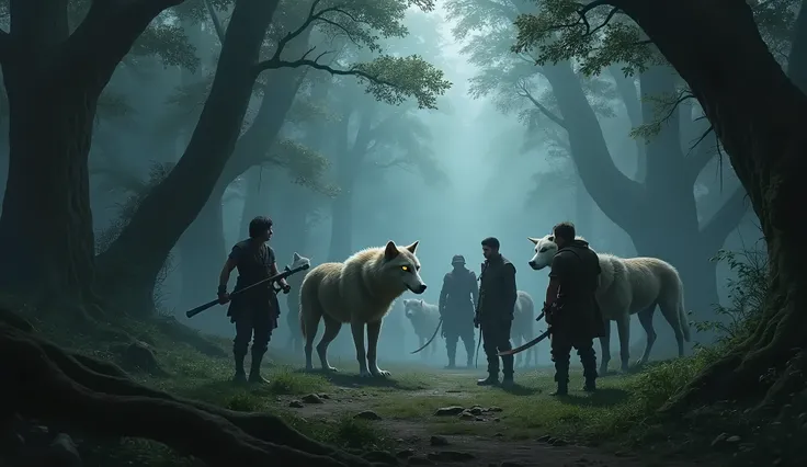 A dense, dark forest filled with towering trees and thick underbrush. In a clearing, a group of hunters stands surrounded by a pack of large, menacing dire wolves, their fur bristling and eyes glowing in the dim light filtering through the canopy.