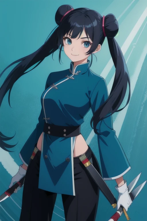 1girl, teenager, Solo, black hair, smile, double buns, twintails , teal eyes, holding kunai knifes, long loose sleeves, blue china outfit, black pants ,white gloves, standing, Masterpiece, Best Quality, standing