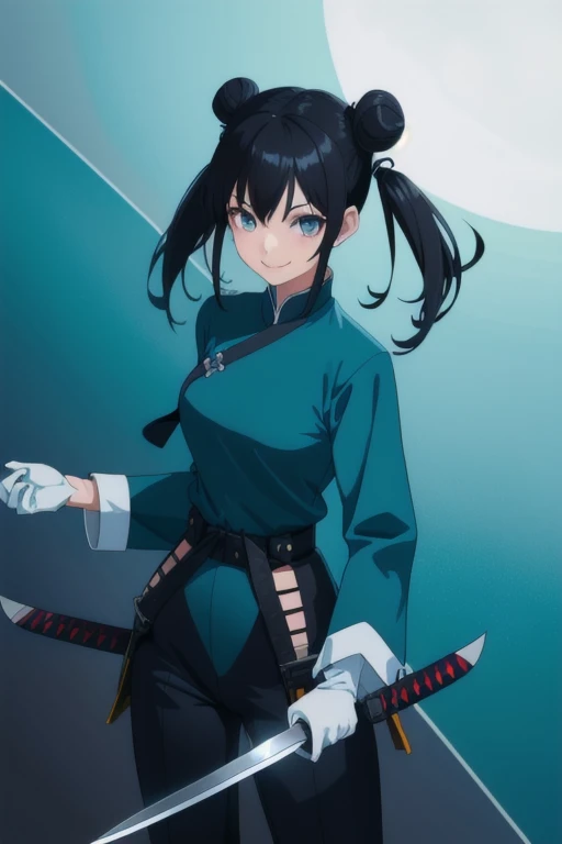 1girl, teenager, Solo, black hair, smile, double buns, twintails , teal eyes, holding kunai knifes, long loose sleeves, blue china outfit, black pants ,white gloves, standing, Masterpiece, Best Quality, standing