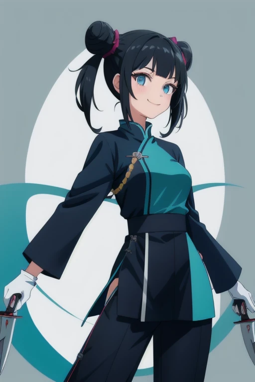 1girl, teenager, Solo, black hair, smile, double buns, twintails , teal eyes, holding kunai knifes, long loose sleeves, blue china outfit, black pants ,white gloves, standing, Masterpiece, Best Quality, standing