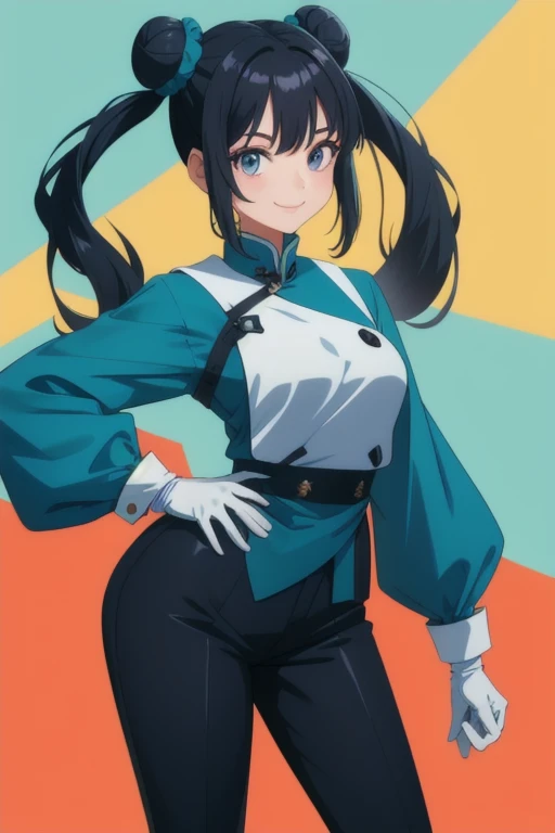 1girl, teenager, Solo, black hair, smile, double buns, twintails , teal eyes, long loose sleeves, blue china outfit, black pants ,white gloves, standing, Masterpiece, Best Quality, standing