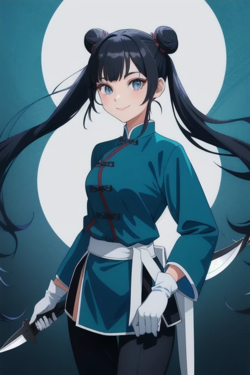 1girl, teenager, Solo, black hair, smile, double buns, twintails , teal eyes, holding kunai knifes, long loose sleeves, blue china outfit, black pants ,white gloves, standing, Masterpiece, Best Quality, standing