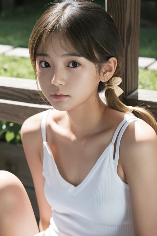 (Real),８KCG,High resolution,Create a photo of a Korean Asian teenager,beautiful girl, ((Blonde)),((9yo)),Narrow eyes:1.5,Slim Face,Underarm,White tank top,No arm hair,(Small Face:1.3),Slim Face,Ask,outdoor Sit on  simple bench,
1人の女の子, 足をフレーム外へ,(((もっと平らな胸:...